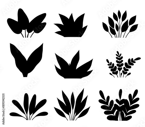 Black botanical silhouette shapes and plant elements set. Minimal flat style for icons, logos, patterns, branding, web graphics