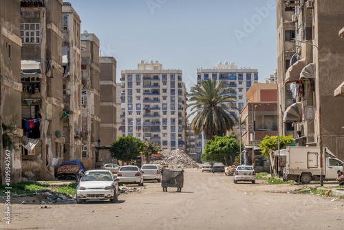 Fényképezés Port Said city street with residential neighborhood, apartment buildings, typical for Egyptian town and local areas