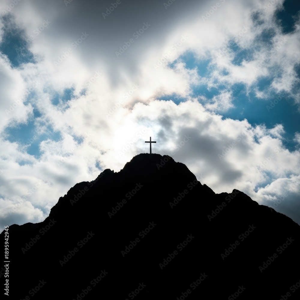 Obraz premium Easter sunday resurrection cross on a mountain peak with dramatic clouds