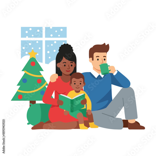 A multiracial family sitting by a Christmas tree and snowy window, reading a book and drinking a warm beverage during winter holidays.