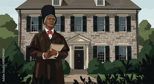 Illustration of Harriet Tubman standing in front of a historic house on Harriet Tubman Day during a march.