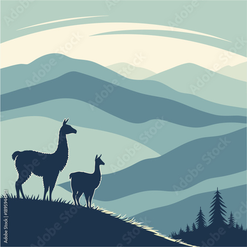 "Stylized Mountain Landscape with Llamas Silhouette"