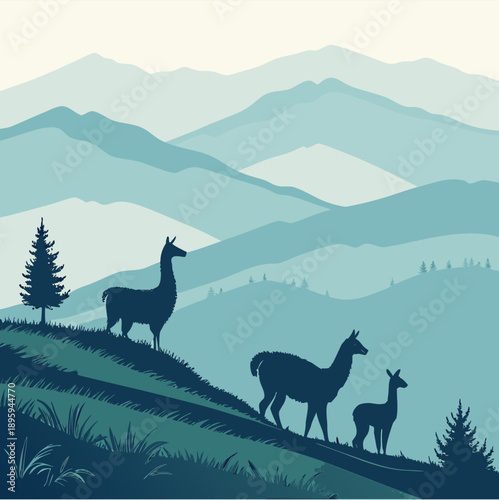 "Stylized Mountain Landscape with Llamas and Trees"