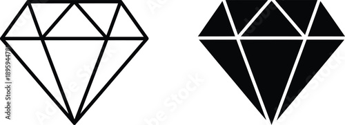 Two Diamond Icon Variations Outlined Version and Filled Black Silhouette Illustration on White
