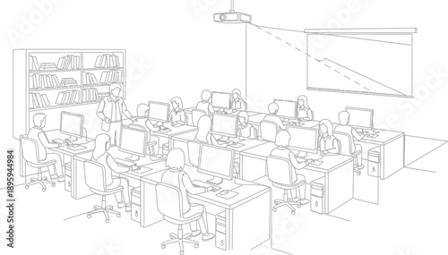 Students attending a computer training class with a teacher instructing them in front of a projected presentation screen illustration
