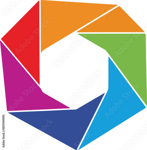 Abstract colorful hexagonal geometric camera shutter aperture logo design representing photography creative lens focus technology graphics