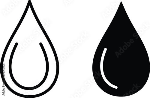 Black and White Water Drop Icon Set Outline Style and Solid Shape Graphics