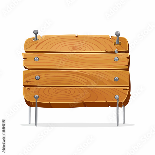 Wooden rectangular plaque with cracks and nails for text box. Cartoon 3d render illustration of signboard with brown wood texture. 
