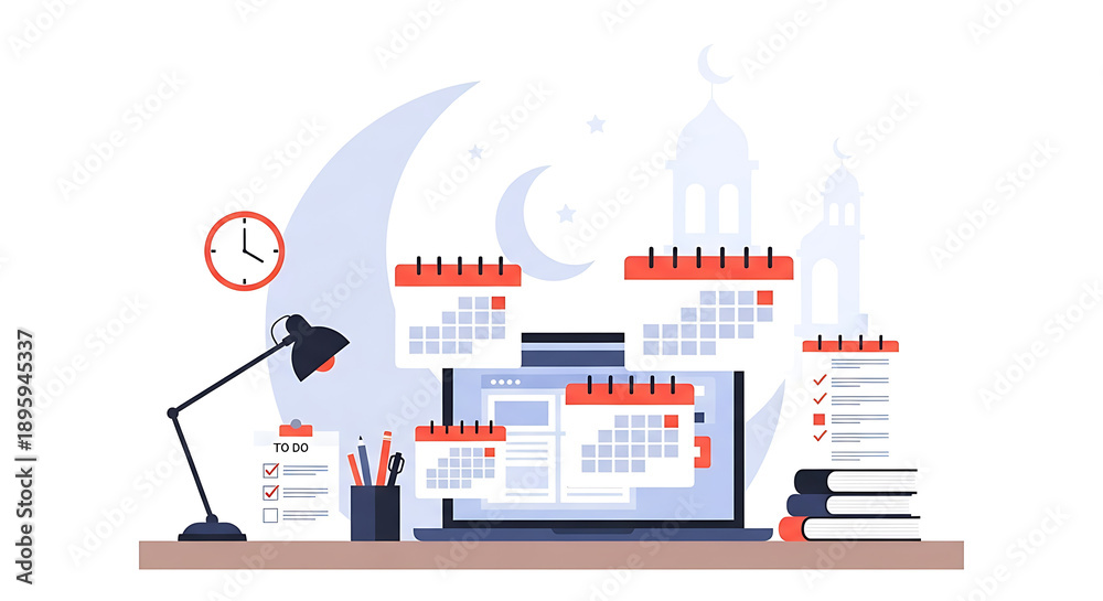 Fototapeta premium Modern digital workspace setup illustrates efficient time management and task organization, featuring a laptop with multiple calendar applications, a clock, and subtle cultural architectural elements.