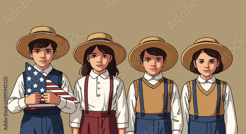 Illustration of four children wearing colonial-style clothing and hats, with one holding an American flag, standing against a plain background to celebrate Harriet Tubman Day in March.