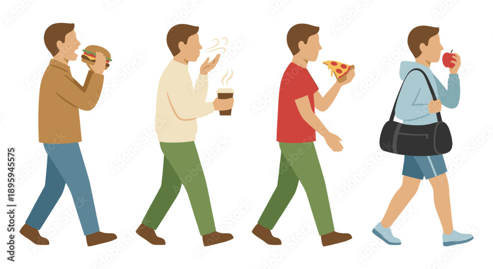 Fototapeta premium Men eating fast food and snacks while walking vector illustration