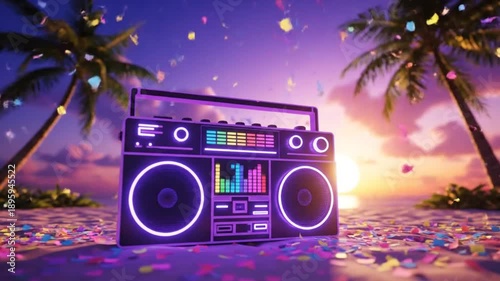 Neon boombox on tropical beach with palm trees, confetti and sunset background celebrating summer