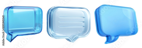 Glossy 3D speech bubble icons in blue glass style isolated on transparent background. Representing chat, message and digital conversation concepts.