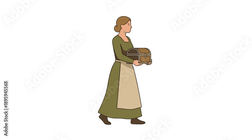 Medieval woman carrying wooden chest vector illustration