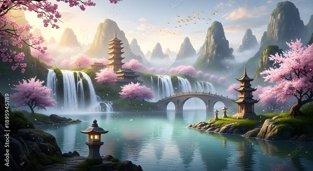 Fototapeta premium Enchanting Japanese Garden Scene with Cherry Blossoms and Pagodas by Waterfall