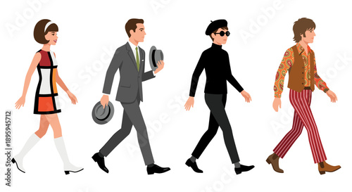 People in vintage 1960s fashion walking vector illustration