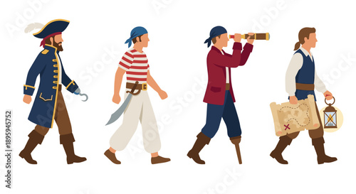 Pirate crew characters walking on adventure vector illustration