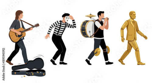 Street performers and buskers set isolated vector illustration