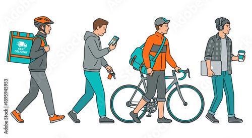 Urban men commuting and working set vector illustration