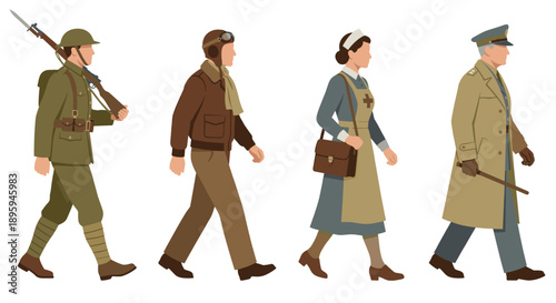 World War II military personnel walking forward vector illustration