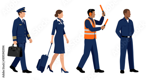 Airline crew and airport staff in uniform flat vector illustration