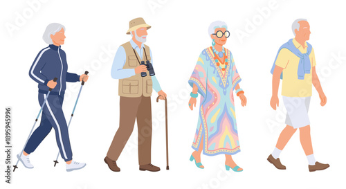 Active senior citizens walking together flat vector illustration