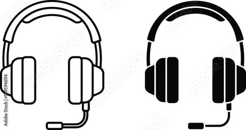 Outline and Solid Fill Gaming Headsets with Microphone Icons for Web Design and Apps