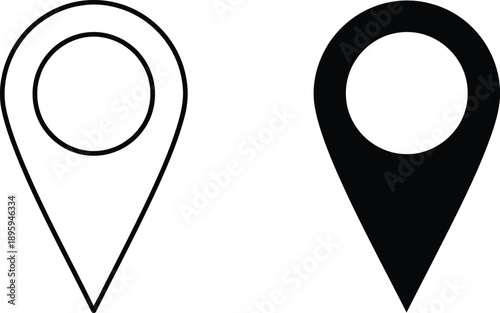 Two Location Pin Icons Outline and Solid Black Pointer Symbols for Maps and Navigation