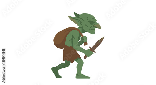 Fantasy goblin sneaking with dagger and sack vector illustration