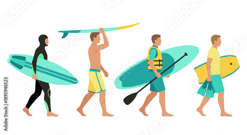 Group of men carrying water sports equipment vector illustration