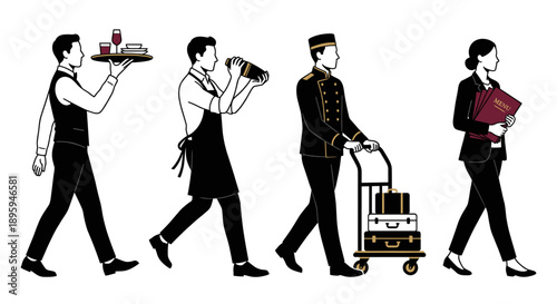 Hotel and restaurant service staff working vector illustration