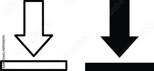 Simple Download Icon Depicting Arrow Pointing Downward Towards a Horizontal Line in Two Variations