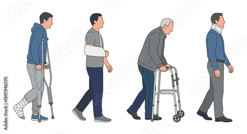 Injured men with crutches walker and arm sling vector illustration