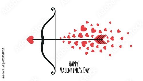 Elegant black bow and arrow with a heart tip shooting out a cloud of small red hearts for a Happy Valentine's Day message and celebration.