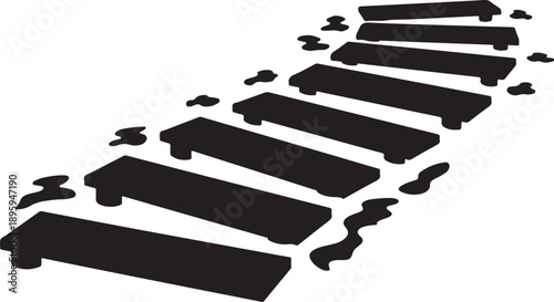 Black piano keys on white background with broken pieces