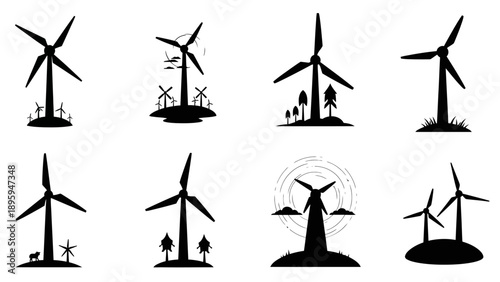 Wind turbines generating clean energy in diverse natural landscapes as silhouette icons