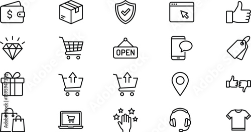 “E-commerce shopping icon collection, online retail and delivery symbols, digital store elements, customer service, product rating, payment and sale graphics”