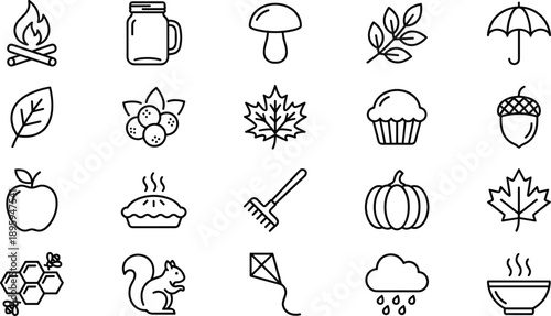 Autumn season icon collection, fall harvest symbols, cozy weather elements, leaves, pumpkin, food, nature and outdoor activity vector graphics”