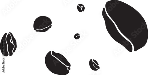 Black coffee beans floating in air on white background