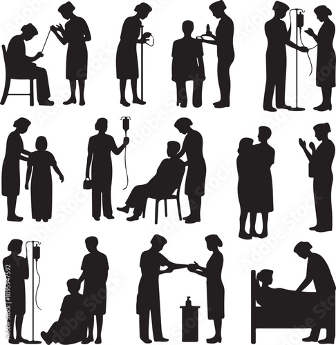 Silhouette of medical staff and patients in various healthcare scenarios