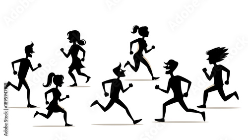 Group of diverse people running and jogging in silhouette style for fitness and healthy lifestyle concept illustration on isolated white background