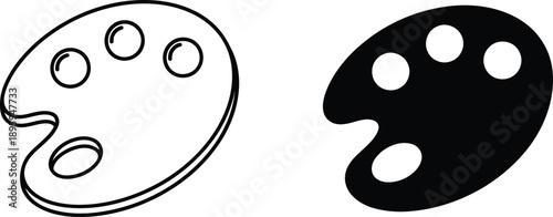 Black and White Art Palette Illustrations with Round Paint Compartments Design, Isolated Graphics