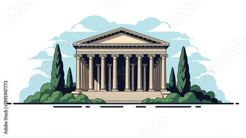 Ancient Greek temple with tall columns and a triangular roof surrounded by green trees and clouds in a classic and historical style.