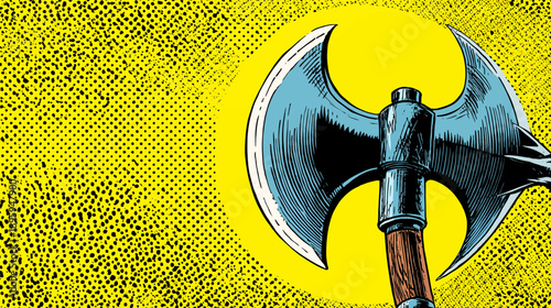 Comic book style illustration featuring a double-bladed axe against a yellow background