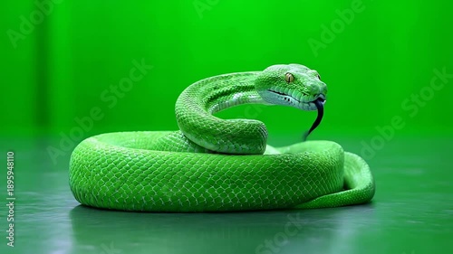 A green snake is coiled on a reflective surface in a studio setting with a green screen background and a close-up viewpoint