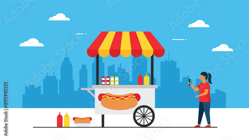 Colorful hot dog stand in a city setting with a vendor and a customer buying a quick snack on a sunny day outdoors with a city skyline.