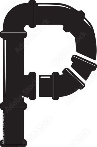 Industrial steampunk capital letter p logo design constructed from black metal pipes and fittings representing plumbing maintenance service