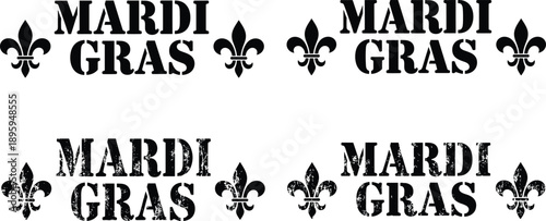 Professional Mardi Gras stencil typography collection featuring clean and distressed black lettering with fleur de lis symbols isolated on white background for versatile designs
