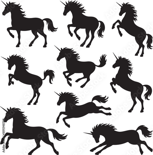 Unicorns in various poses and movements on white background