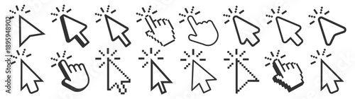 Cursor mouse pointer click icons with loading waiting and action symbols vector outline ui interface set on transparent background